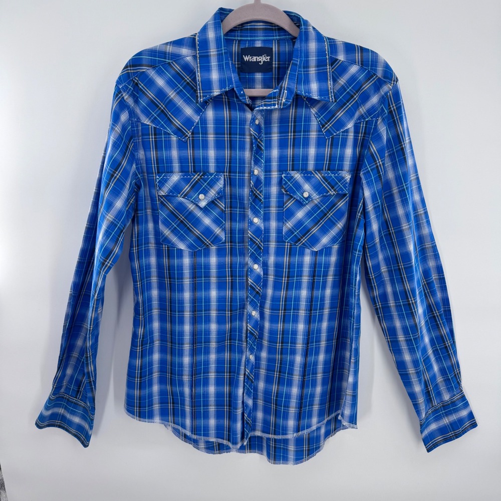 Wrangler Western Snap‎ Shirt Blue Plaid Pearl Snap Cowboy Long Sleeve Size M